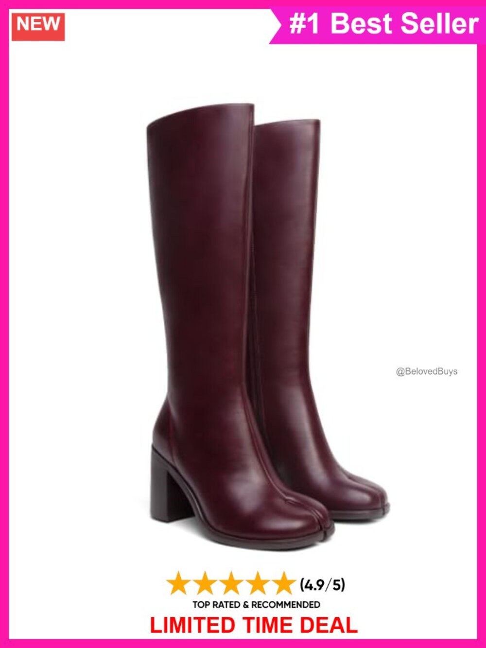 Split Tabi Knee High Boots Faux Leather Block Heel Wide Calf Side Zip